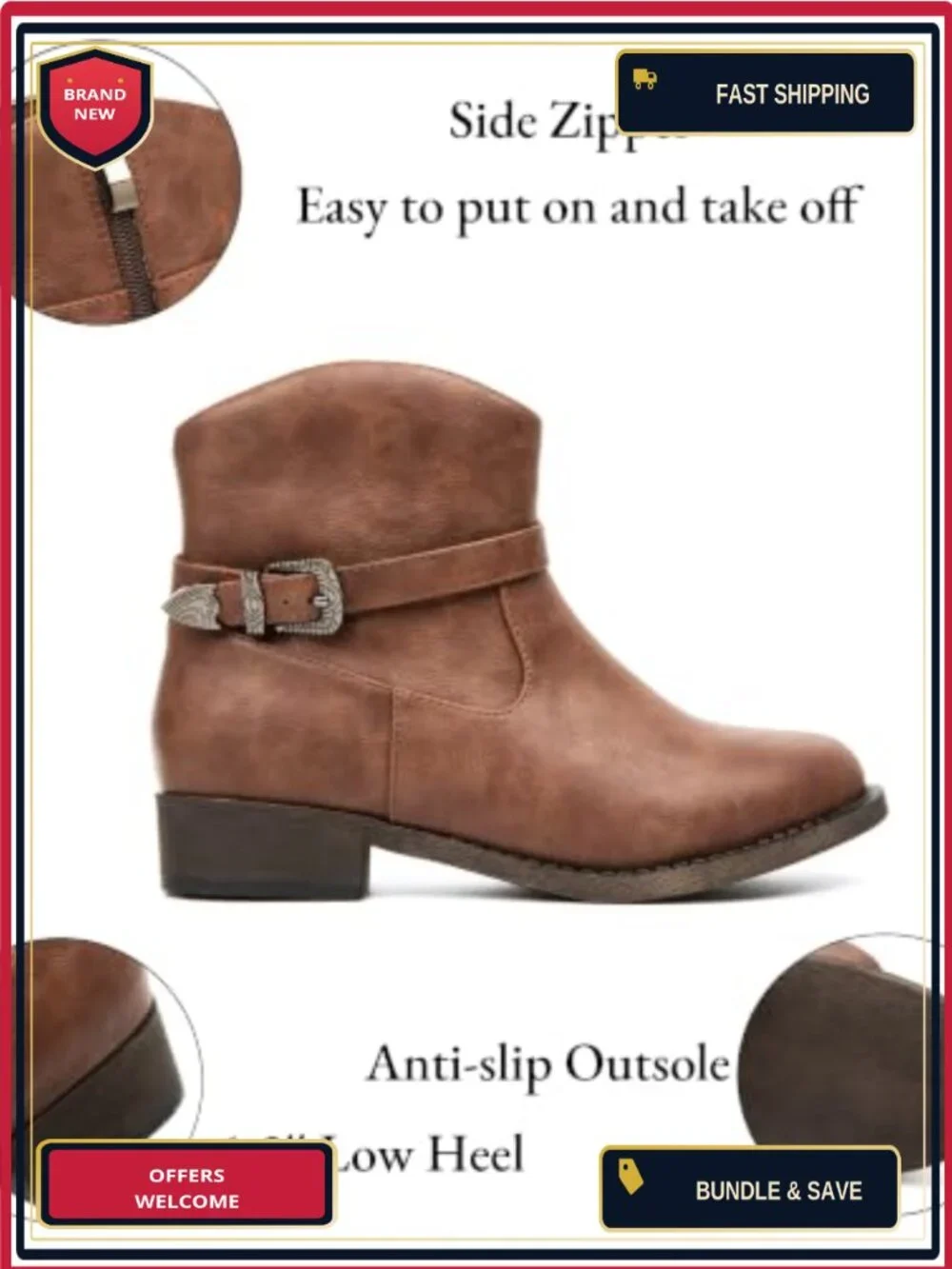 Women's Ankle Boots Low Chunky Heel Faux Leather Zipper Round Toe Cowboy Cowgirl